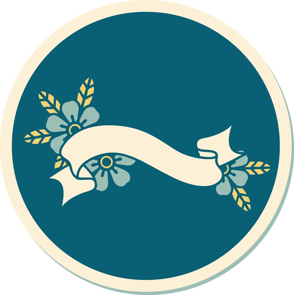 sticker of tattoo in traditional style of a banner and flowers vector