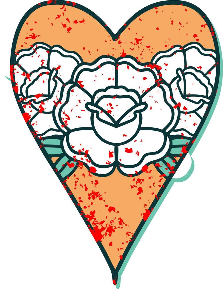 iconic distressed sticker tattoo style image of a heart and flowers vector