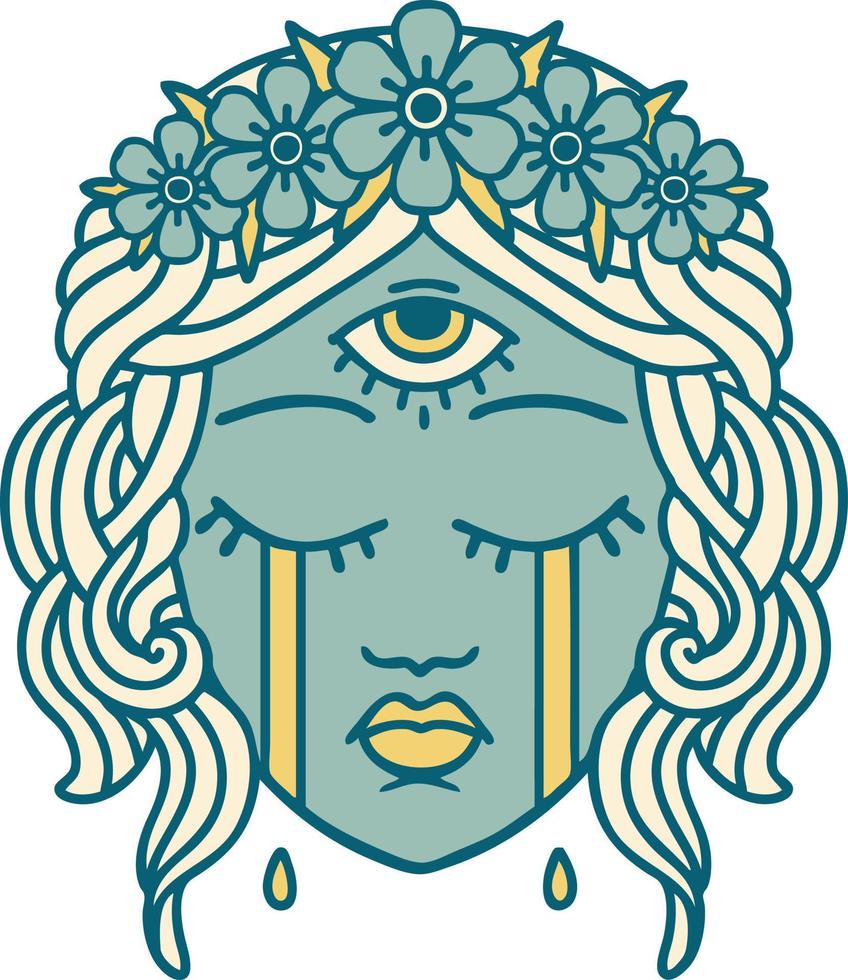 imagen icónica de estilo tatuaje de rostro femenino con místico tercer ojo llorando vector