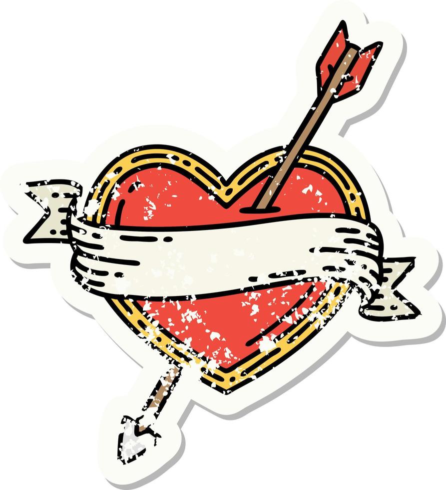 distressed sticker tattoo in traditional style of an arrow heart and banner vector