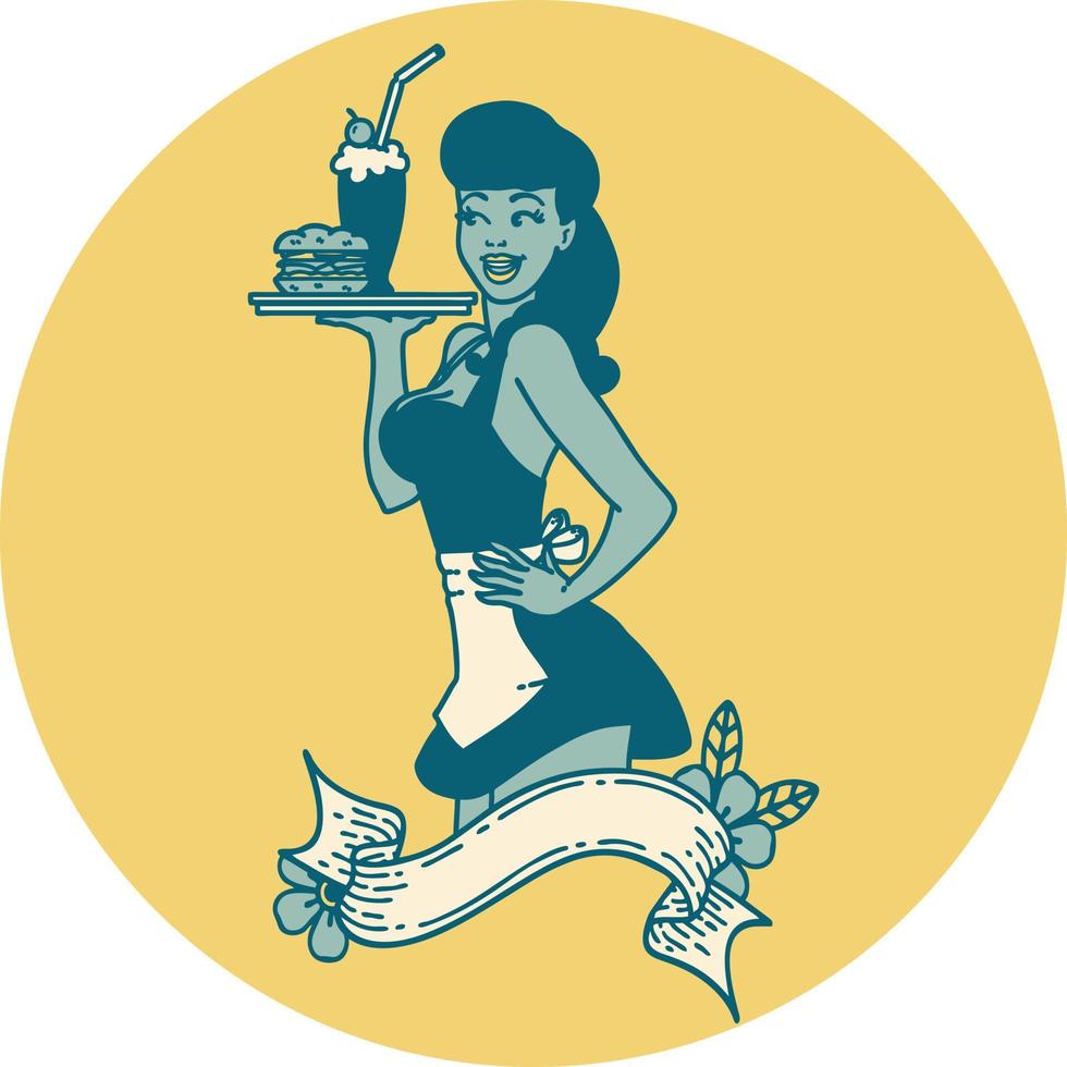 tattoo in traditional style of a pinup waitress girl with banner vector