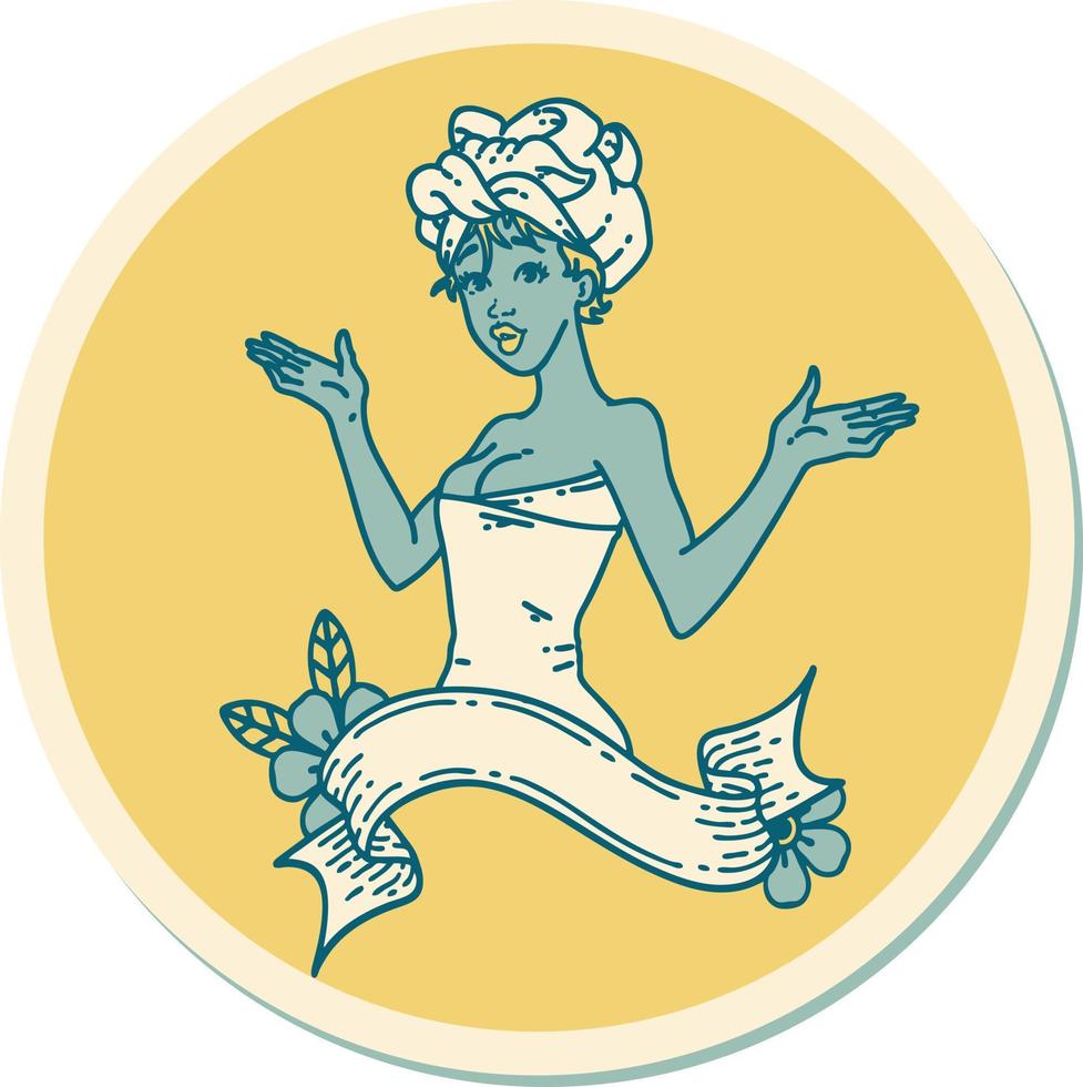 sticker of tattoo in traditional style of a pinup girl in towel with banner vector