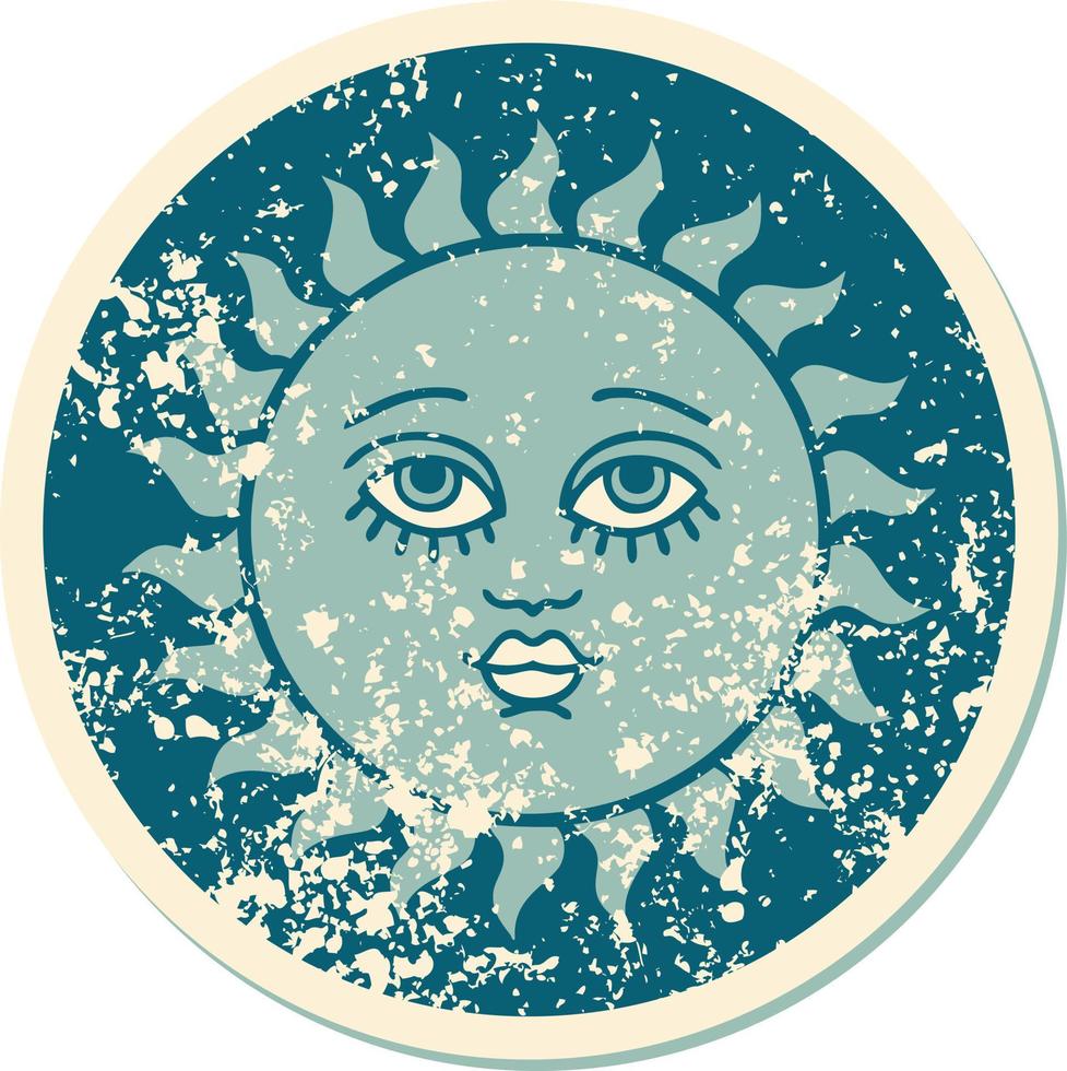iconic distressed sticker tattoo style image of a sun with face vector