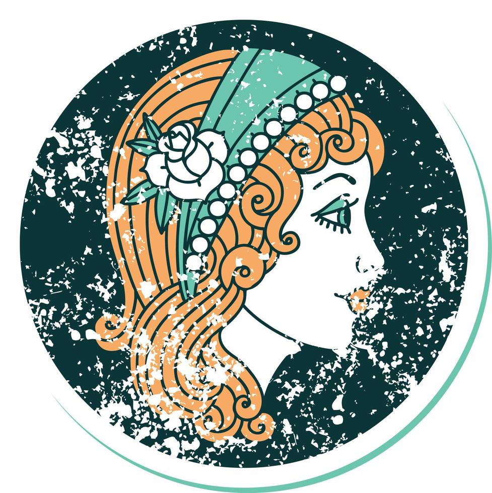 iconic distressed sticker tattoo style image of a gypsy head vector