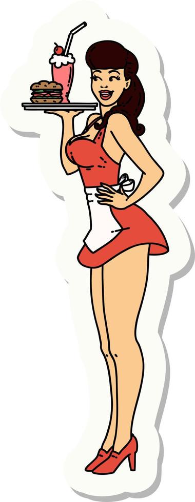 sticker of tattoo in traditional style of a pinup waitress girl vector