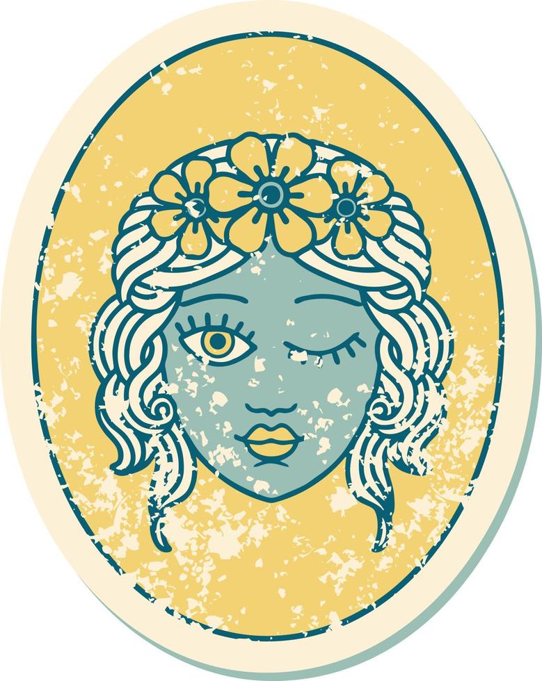 icónica imagen angustiada de estilo tatuaje de una doncella con una corona de flores guiñando un ojo vector