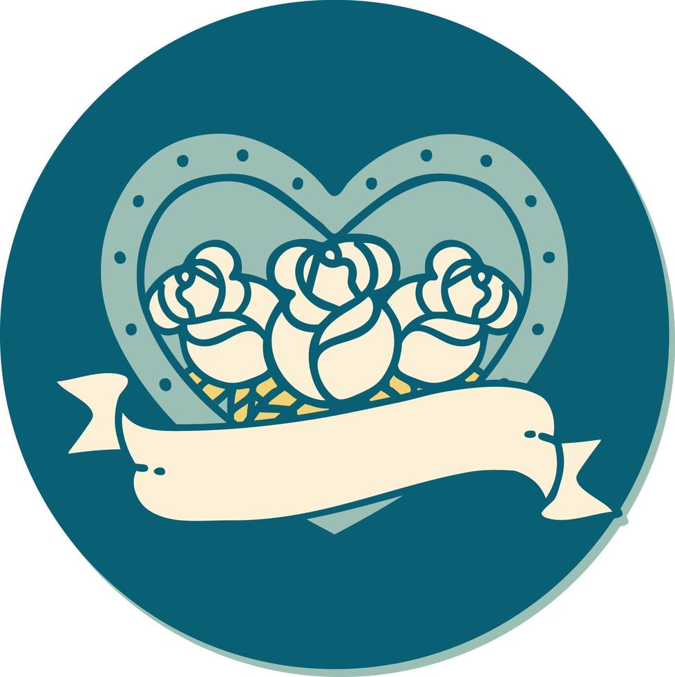 sticker of tattoo in traditional style of a heart and banner with flowers vector