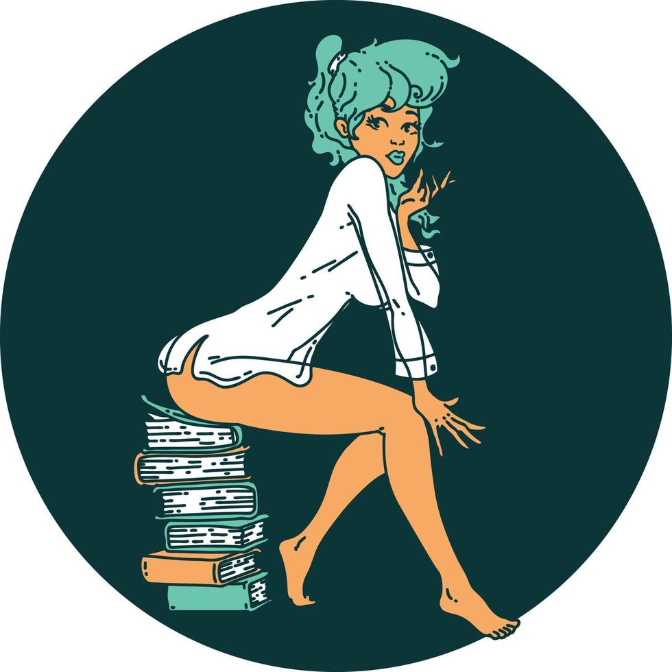 imagen icónica de estilo tatuaje de una chica pinup sentada en libros vector