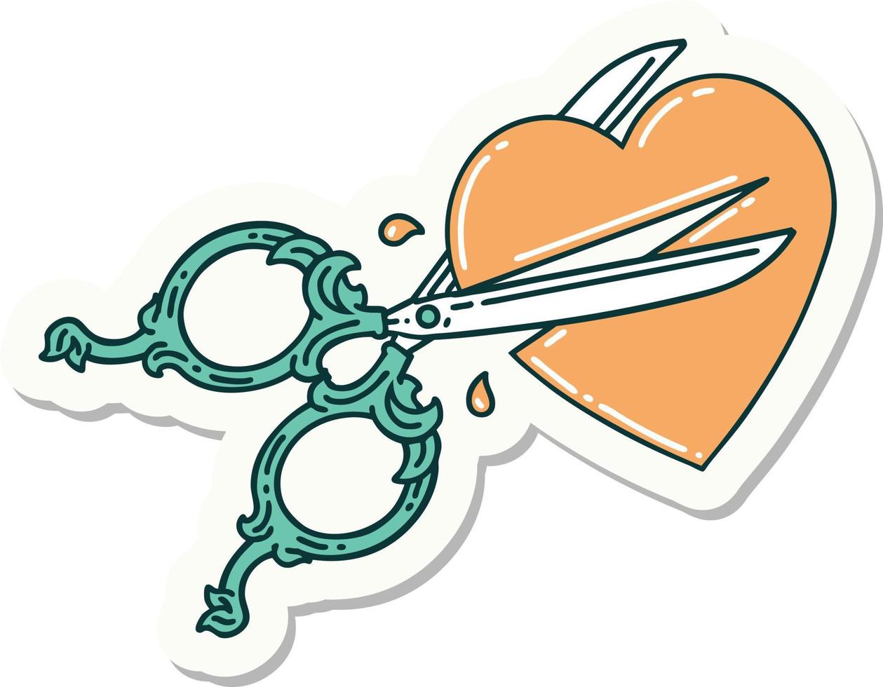 sticker of tattoo in traditional style of scissors cutting a heart vector