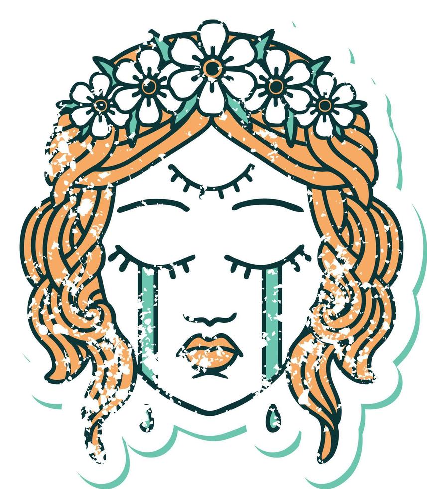iconic distressed sticker tattoo style image of female face with third eye and crown of flowers cyring vector