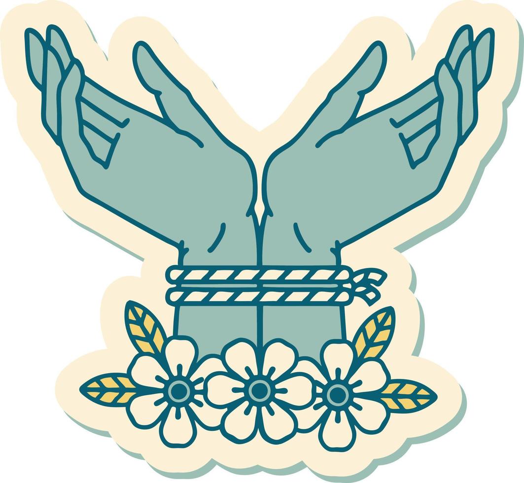 sticker of tattoo in traditional style of hands tied vector