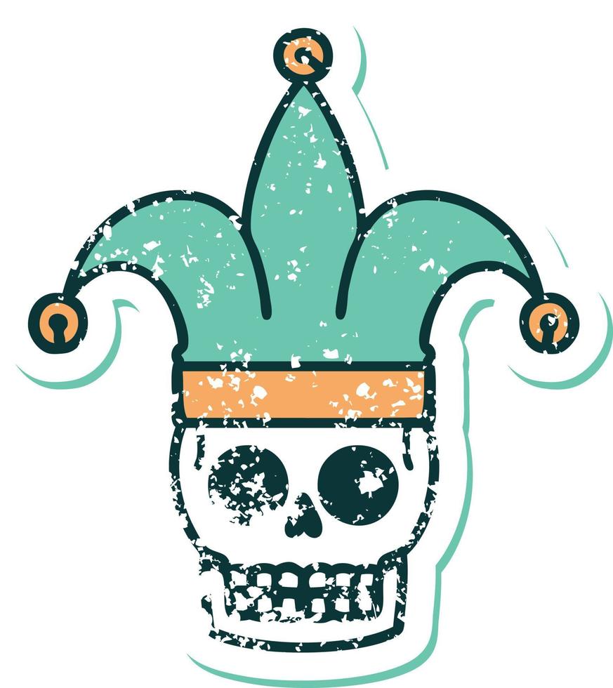 iconic distressed sticker tattoo style image of a skull jester vector