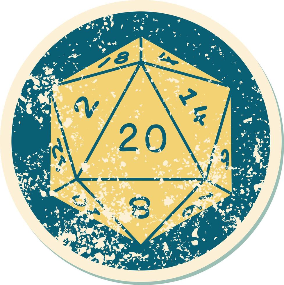 iconic distressed sticker tattoo style image of a d20 dice vector