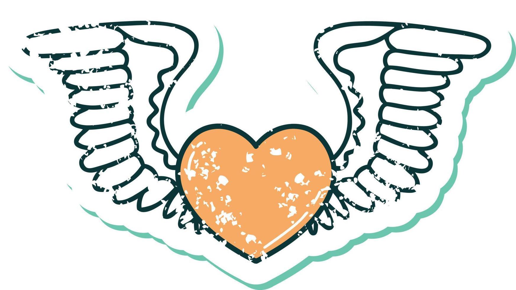 iconic distressed sticker tattoo style image of a heart with wings vector