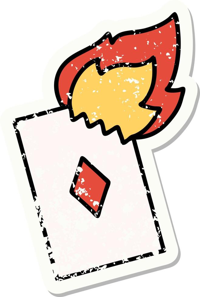 distressed sticker tattoo in traditional style of a flaming card vector