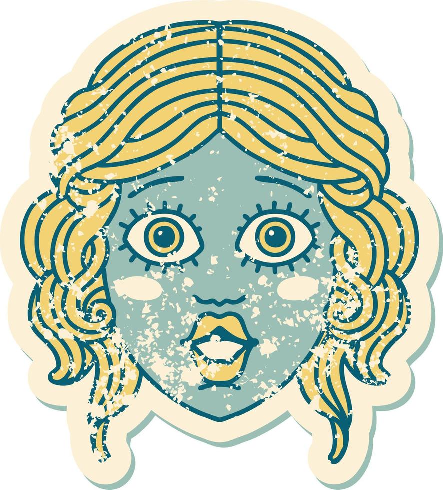 iconic distressed sticker tattoo style image of female face vector