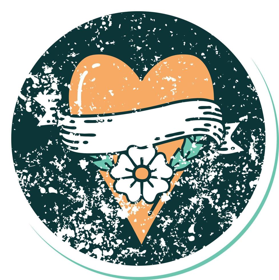 iconic distressed sticker tattoo style image of a heart flower and banner vector