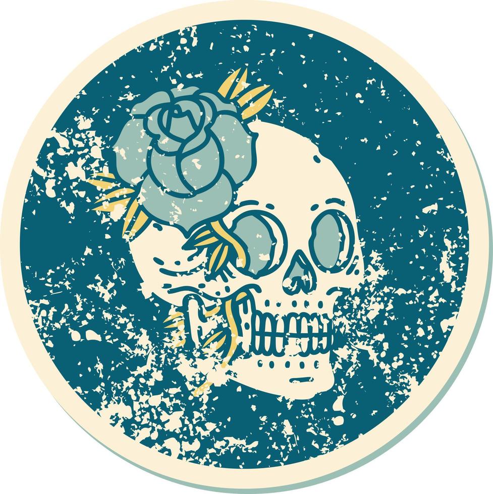 iconic distressed sticker tattoo style image of a skull and rose vector