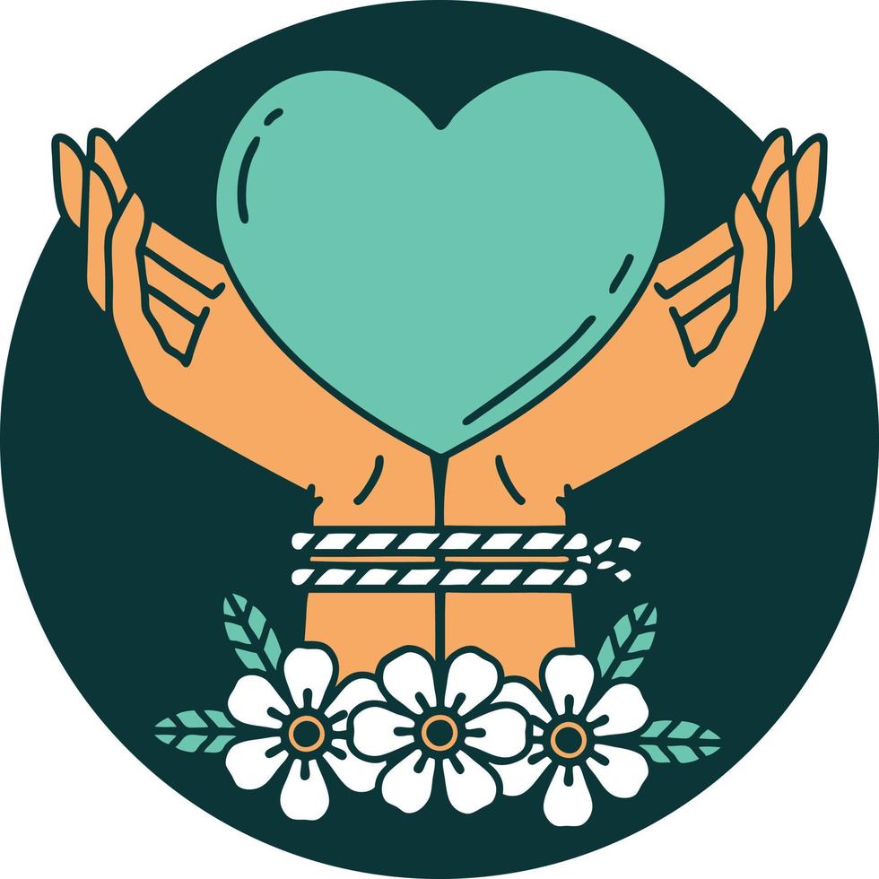 iconic tattoo style image of tied hands and a heart vector
