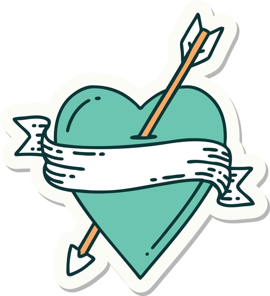 sticker of tattoo in traditional style of an arrow heart and banner vector