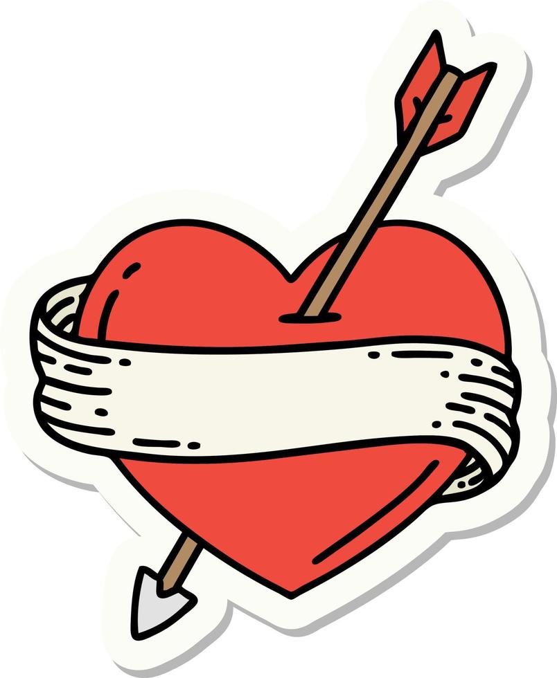 sticker of tattoo in traditional style of an arrow heart and banner vector