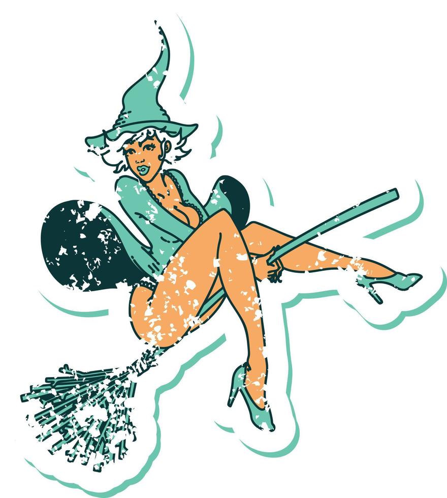 distressed sticker tattoo in traditional style of a pinup witch vector