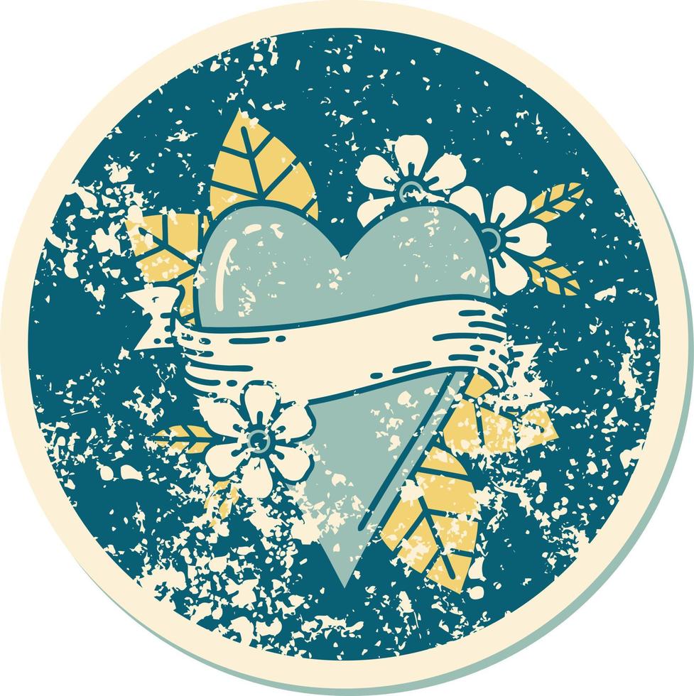iconic distressed sticker tattoo style image of a heart and banner vector