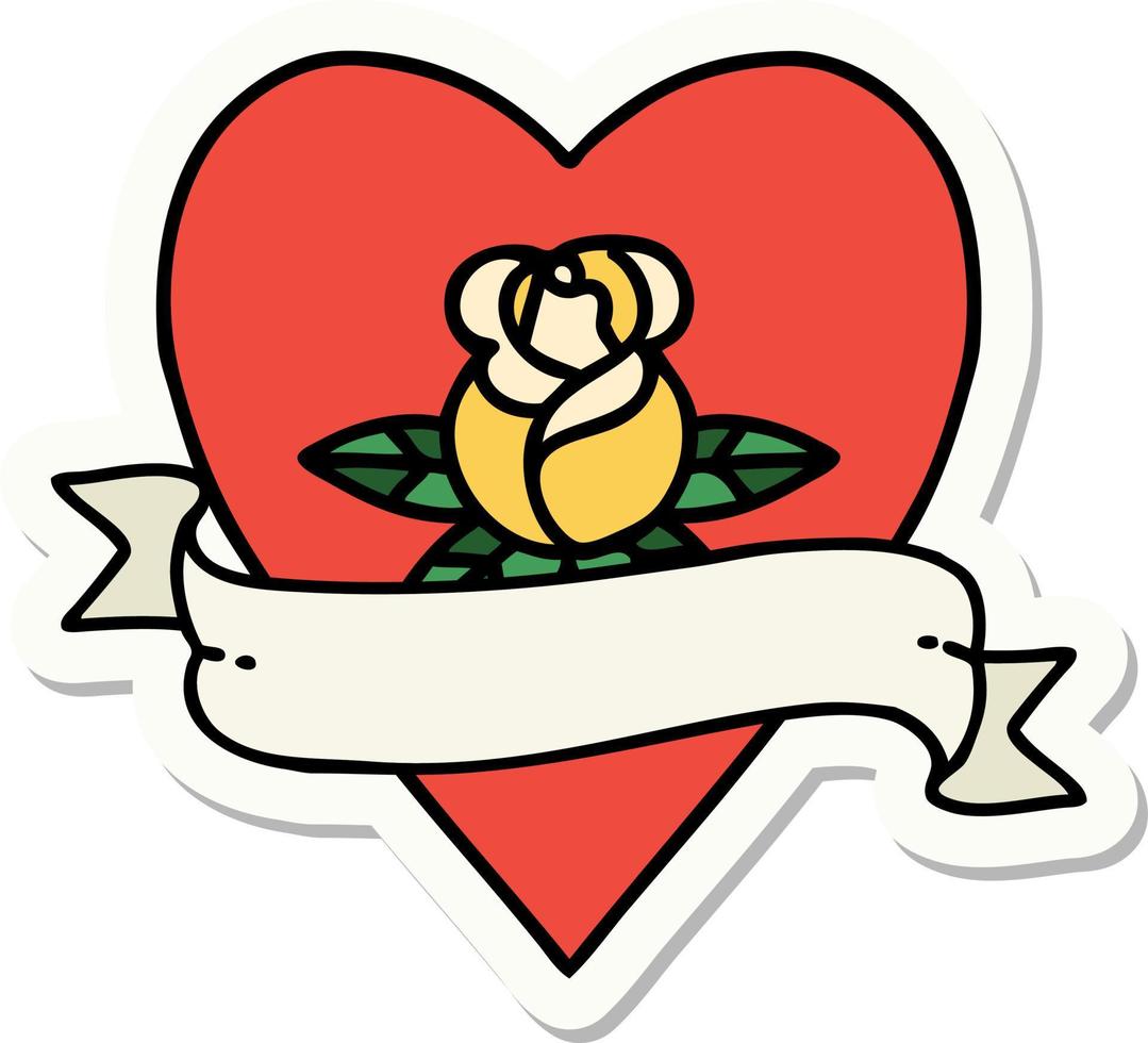 sticker of tattoo in traditional style of a heart rose and banner vector