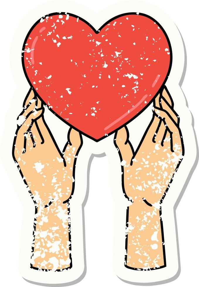 distressed sticker tattoo in traditional style of hands reaching for a heart vector