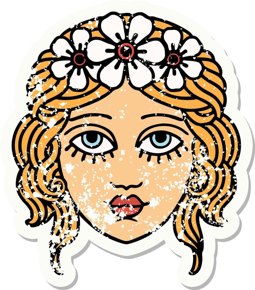 distressed sticker tattoo in traditional style of female face with crown of flowers vector