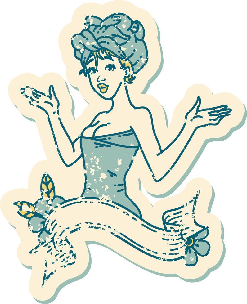 distressed sticker tattoo in traditional style of a pinup girl in towel with banner vector