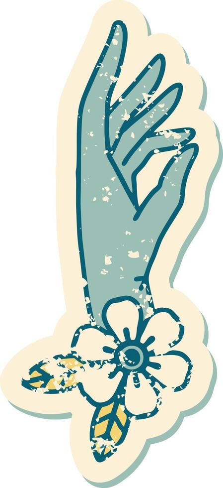 iconic distressed sticker tattoo style image of a hand and flower vector