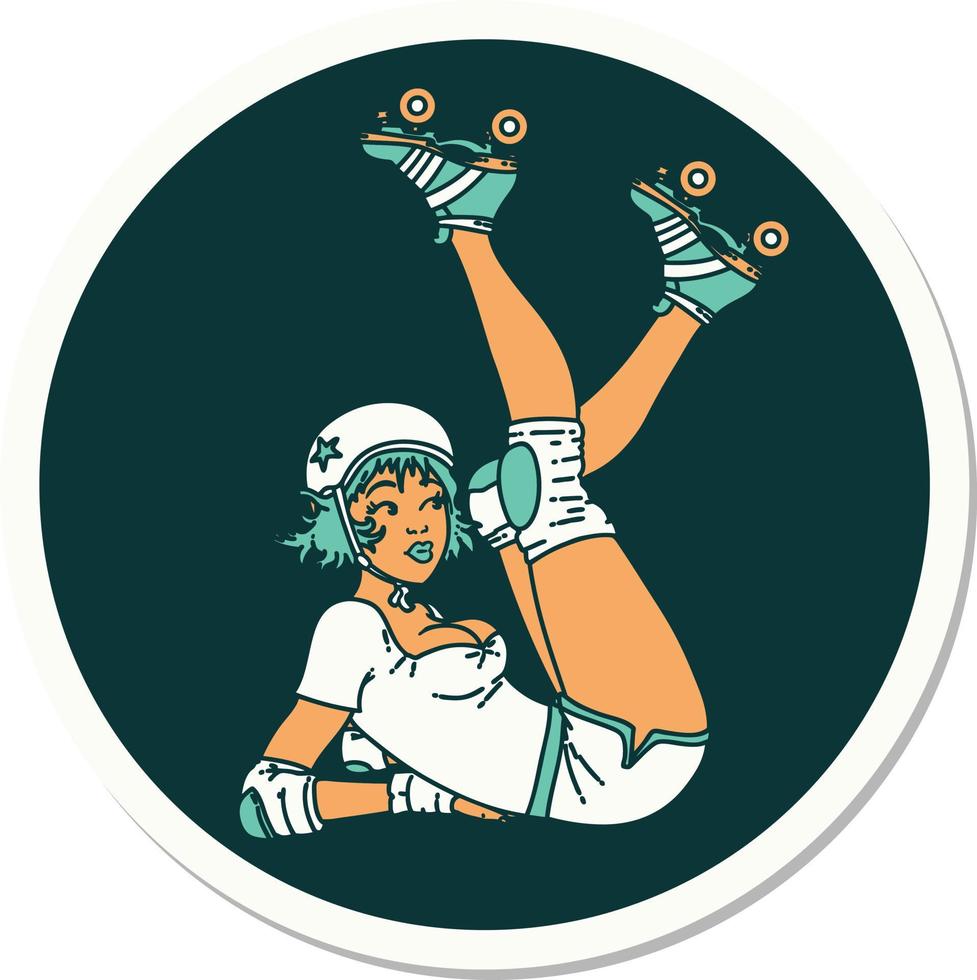 sticker of tattoo in traditional style of a pinup roller derby girl vector