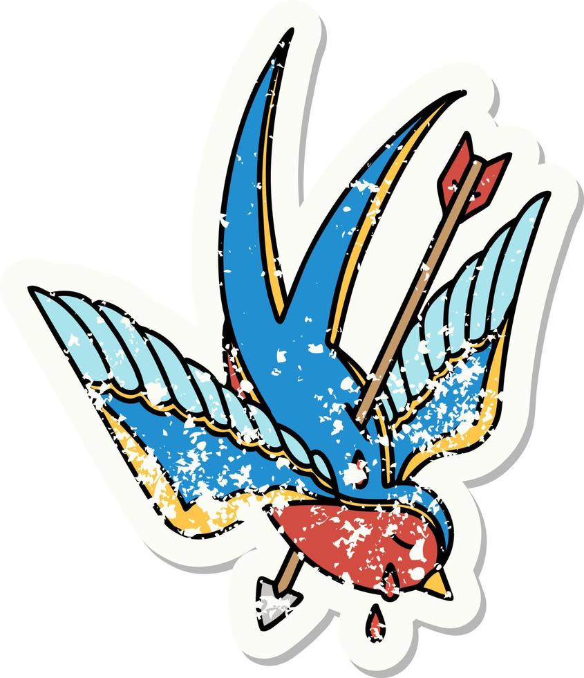 distressed sticker tattoo in traditional style of a swallow pierced by arrow vector