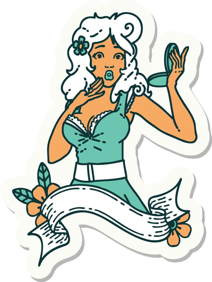 sticker of tattoo in traditional style of a pinup surprised girl with banner vector