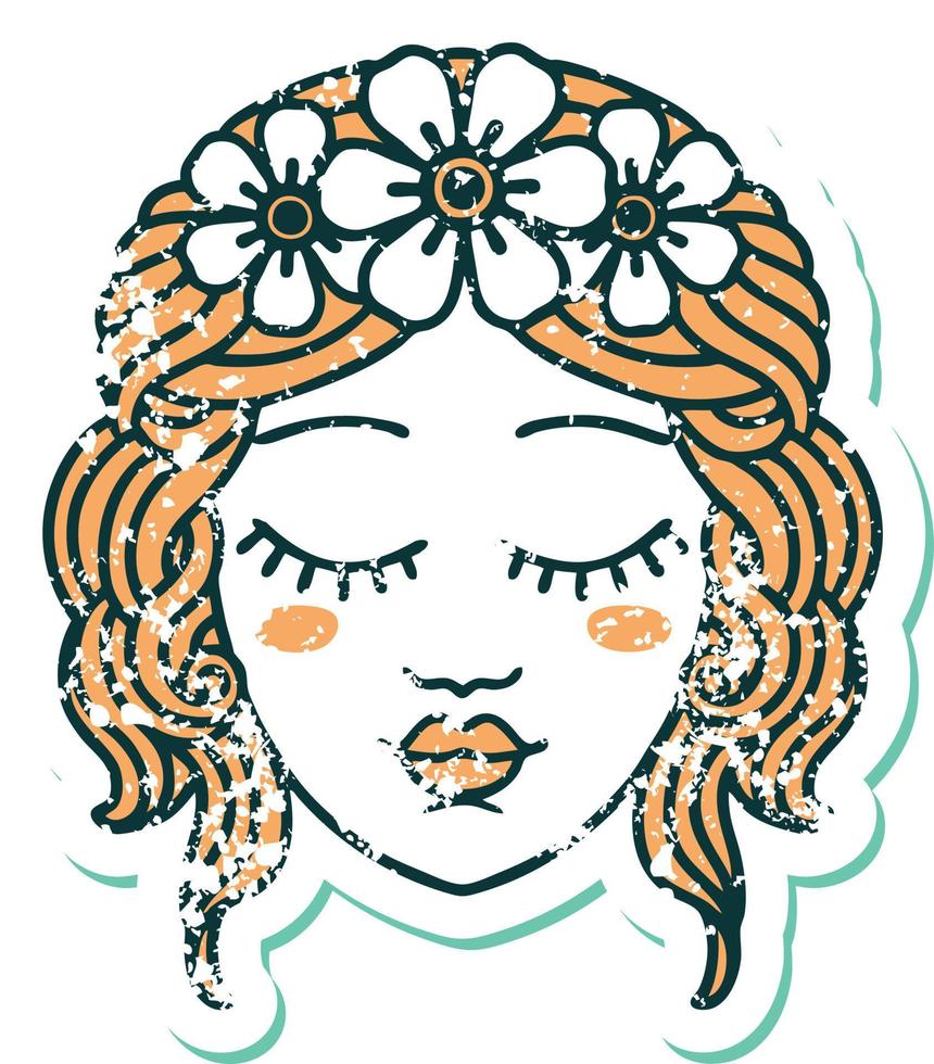 iconic distressed sticker tattoo style image of female face with eyes closed vector