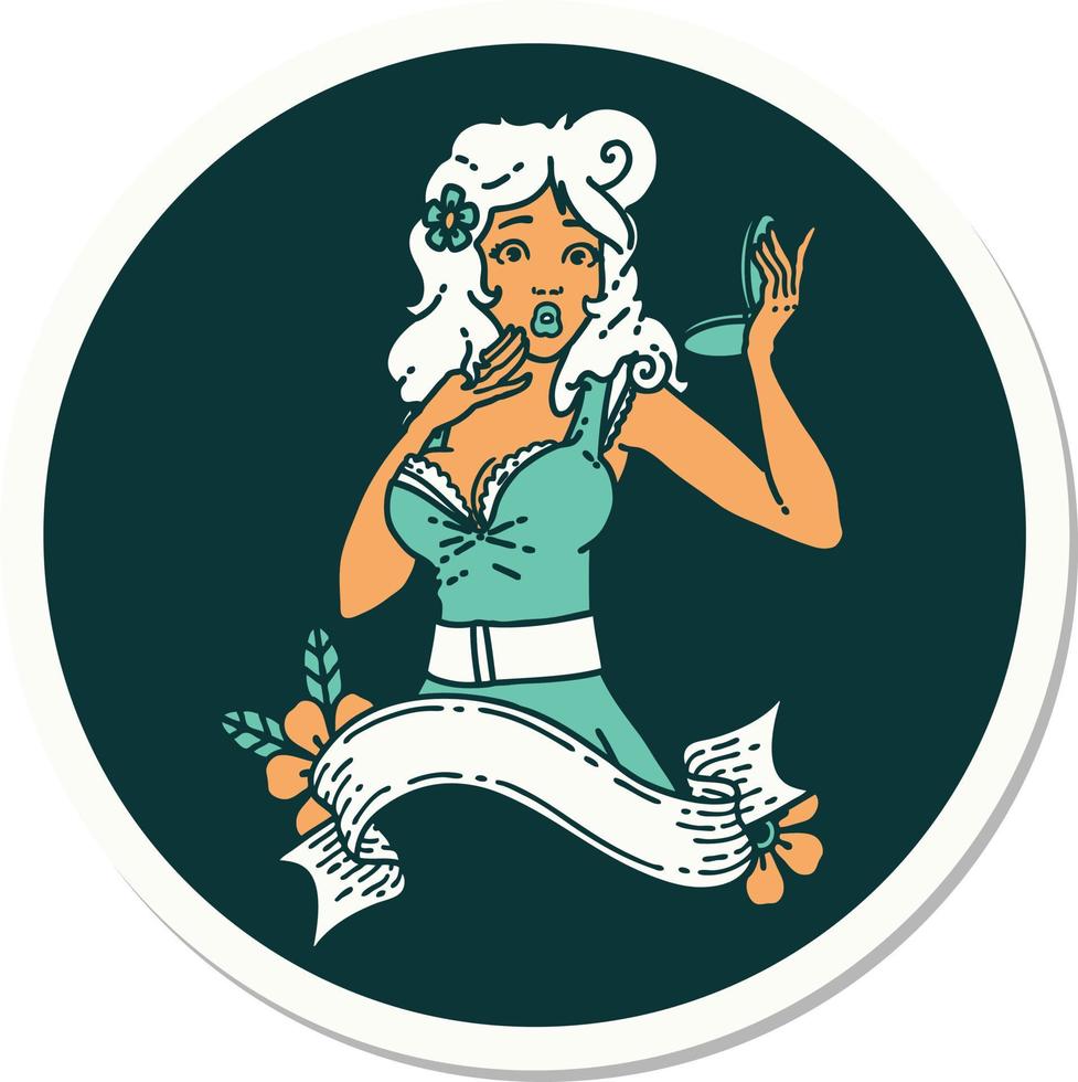 sticker of tattoo in traditional style of a pinup surprised girl with banner vector