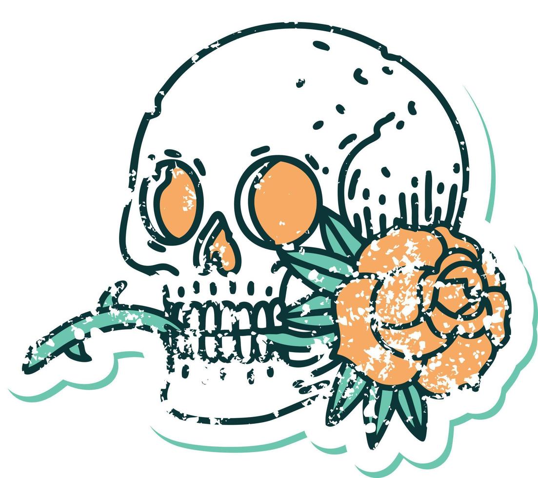 iconic distressed sticker tattoo style image of a skull and rose vector