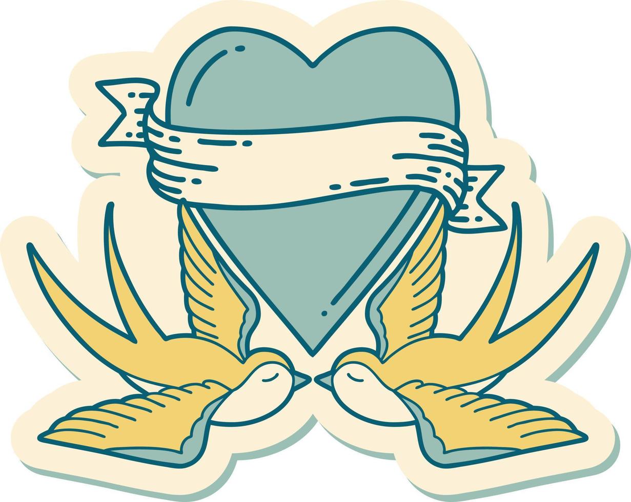 sticker of tattoo in traditional style of swallows and a heart with banner vector