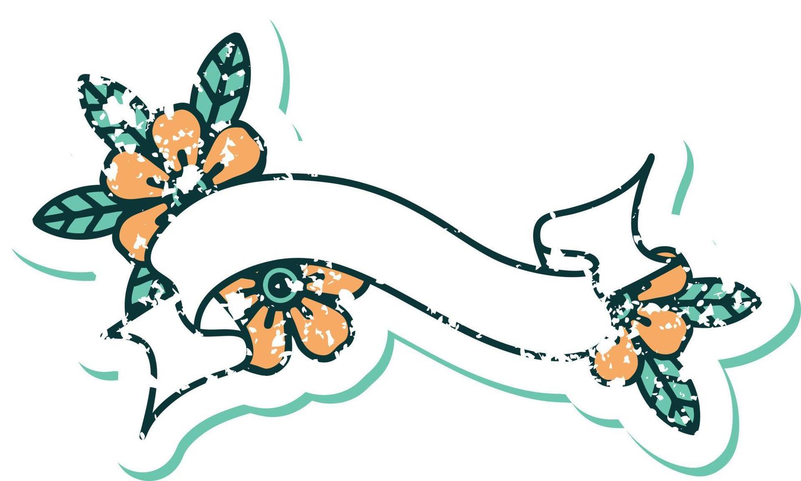 iconic distressed sticker tattoo style image of a banner and flowers vector