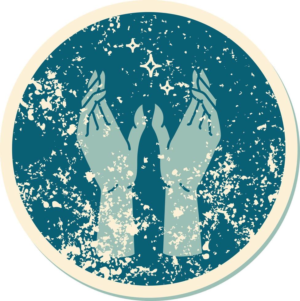 iconic distressed sticker tattoo style image of reaching hands vector