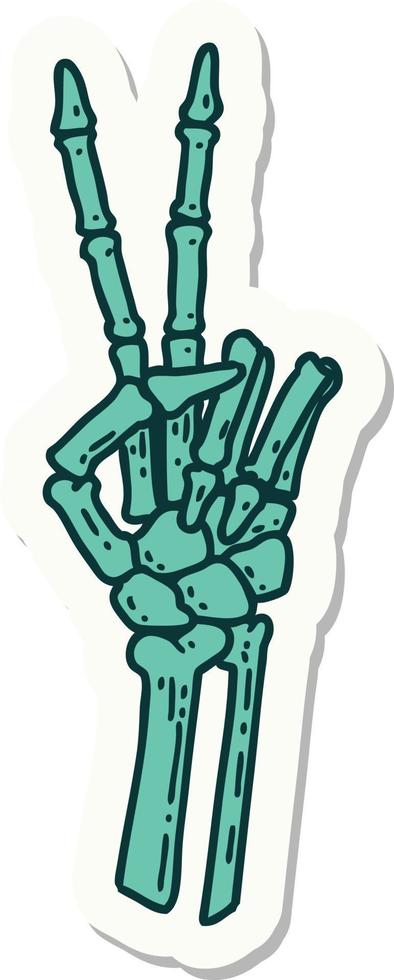 pegatina de tatuaje al estilo tradicional de un esqueleto dando un signo de paz vector