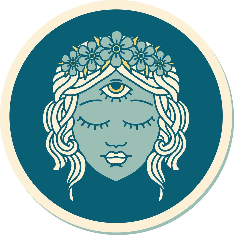 pegatina de tatuaje al estilo tradicional de cara femenina con tercer ojo y corona de flores vector