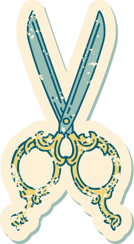 iconic distressed sticker tattoo style image of barber scissors vector