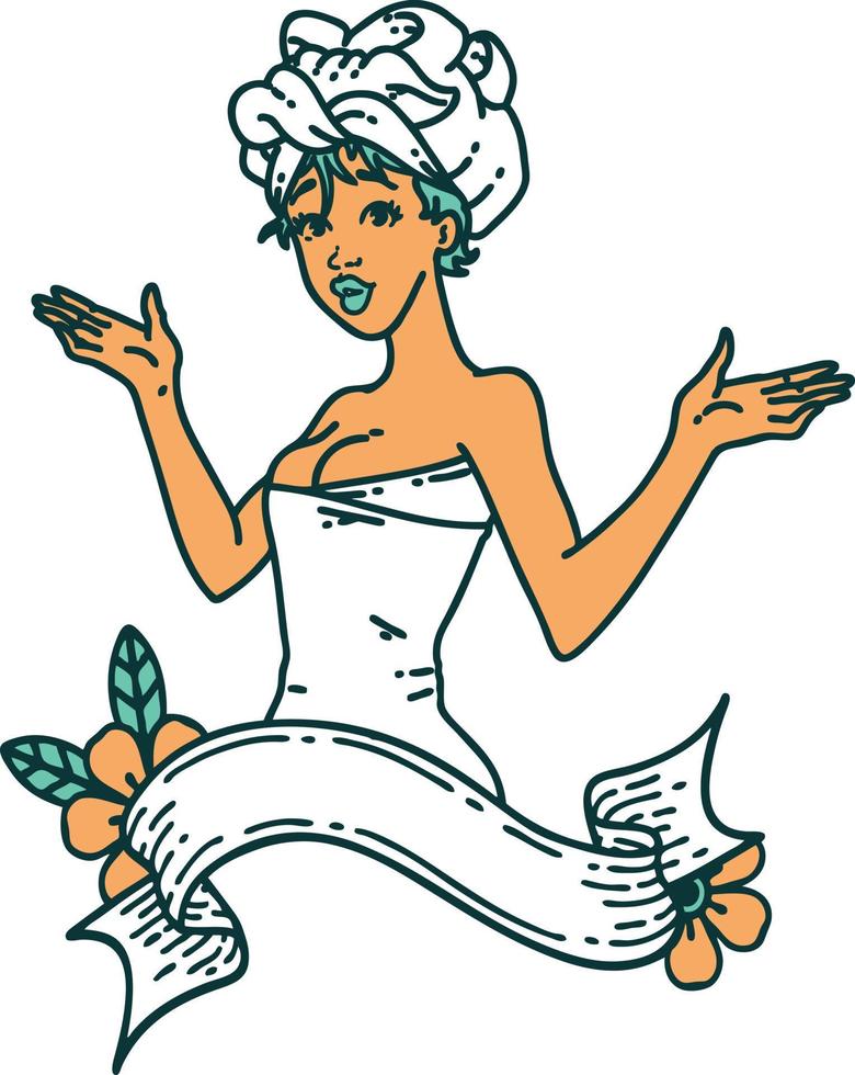 tattoo in traditional style of a pinup girl in towel with banner vector
