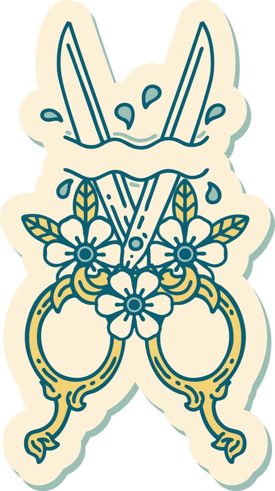 sticker of tattoo in traditional style of barber scissors and flowers vector