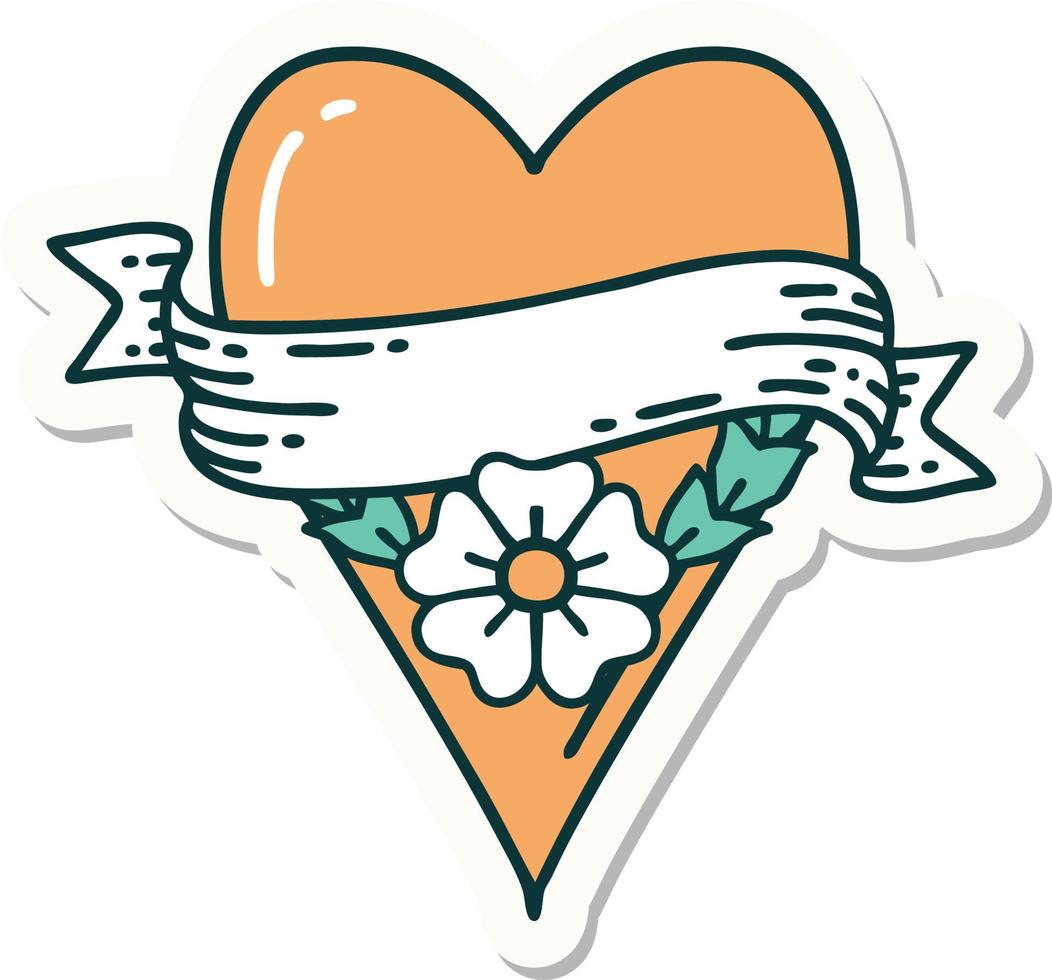 sticker of tattoo in traditional style of a heart flower and banner vector