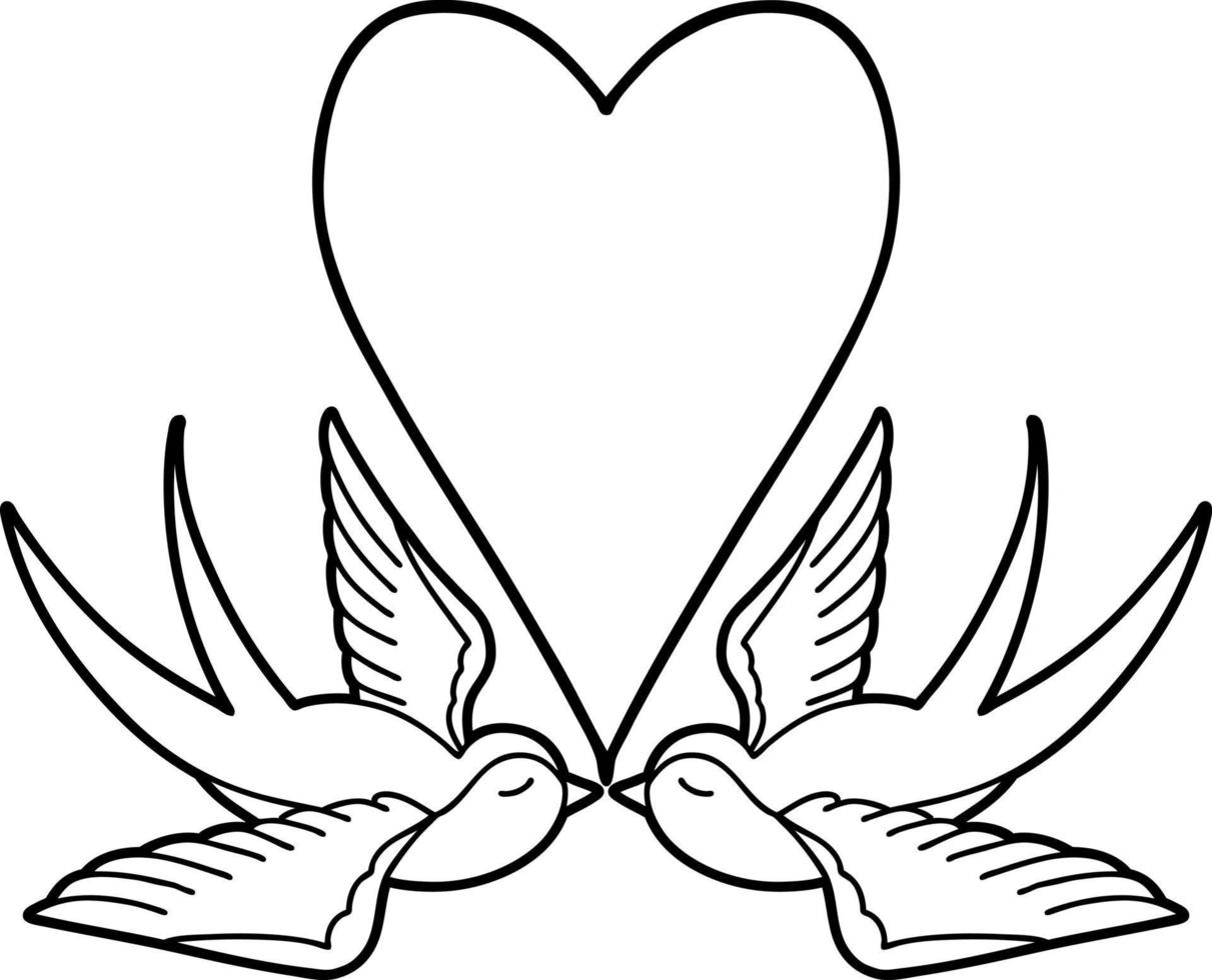 tattoo in black line style of swallows and a heart vector