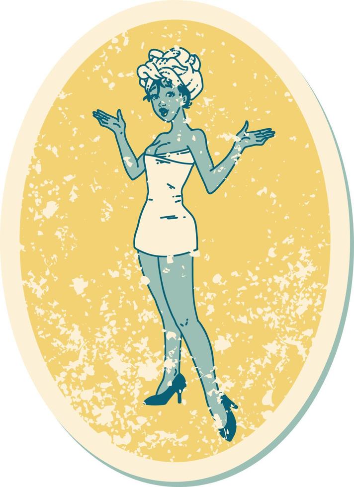 distressed sticker tattoo in traditional style of a pinup girl in towels vector