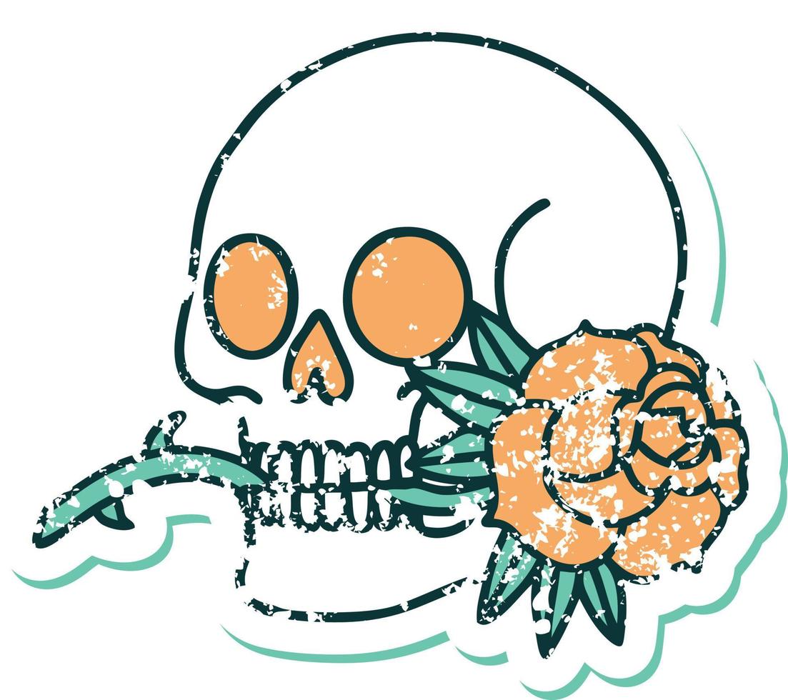 iconic distressed sticker tattoo style image of a skull and rose vector